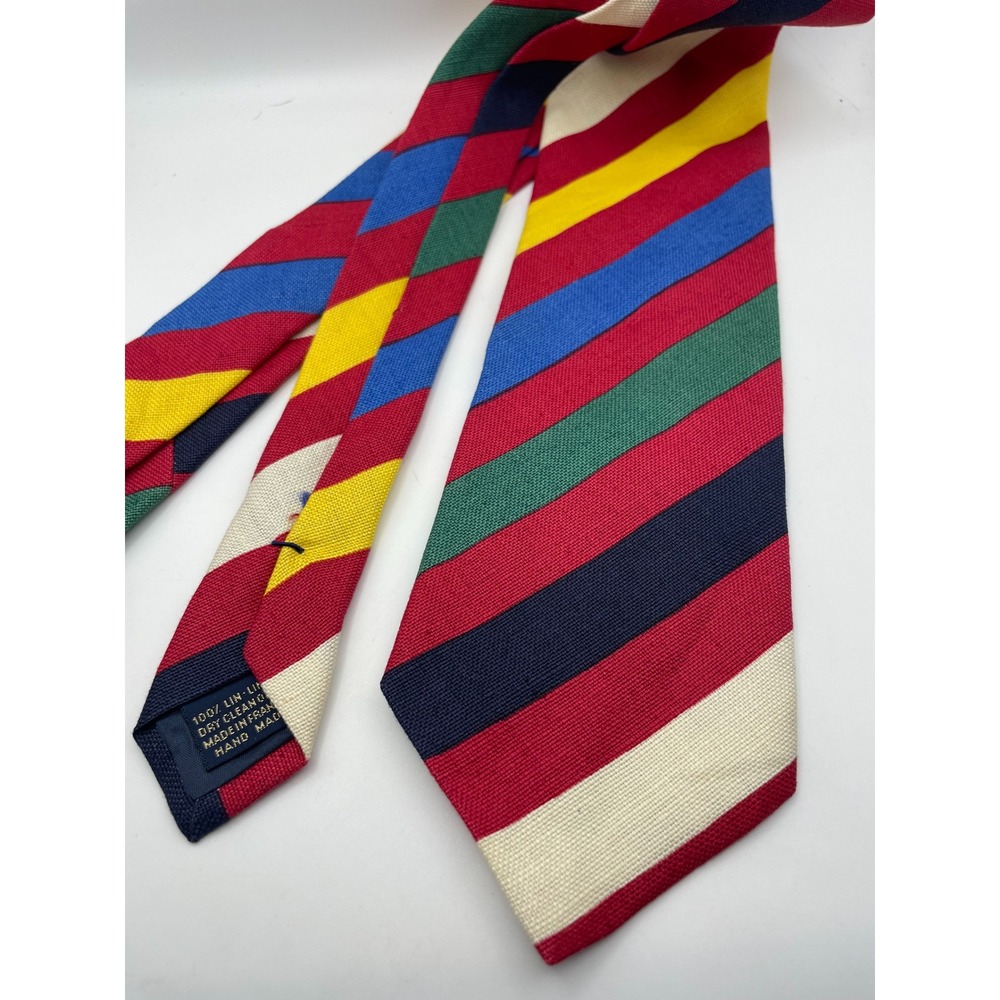 Ben Silver Charleston Multi Color Stripe Linen Tie Hand Made in France 3.25"